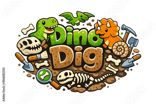 Playful dinosaur excavation scene with fossils and tools in cartoon style
