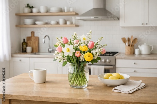 Bright kitchen interior with fresh spring flower bouquet in vase, lemons, and coffee cup on wooden island