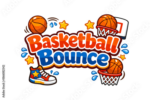 Basketball bounce game logo with fun cartoon style and playful elements