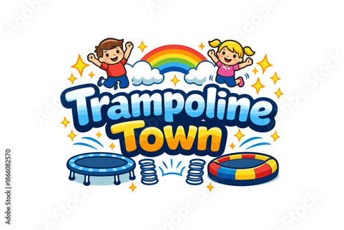 Trampoline town fun: jumping kids and colorful play area with rainbow and stars