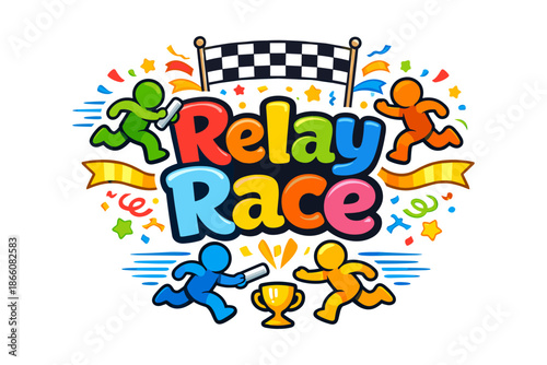 Colorful relay race celebration with runners and trophy in cartoon style