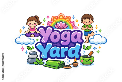 Whimsical children practicing yoga with colorful nature elements