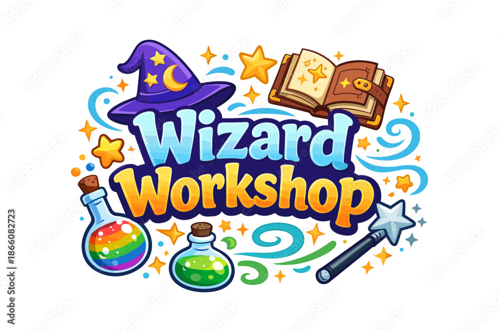 Fototapeta premium Magical workshop design with hat, spell book, potions, and wand in colorful cartoon style