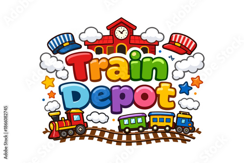 Colorful cartoon train depot with railway, steam locomotive, and bright clouds for kids