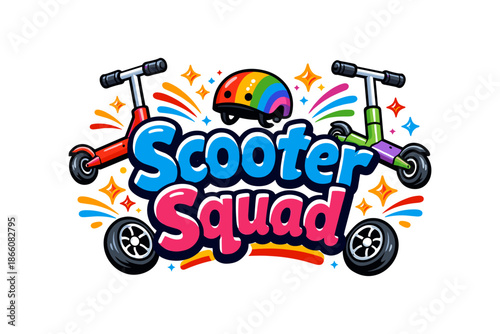 Colorful scooter squad logo design with rainbow helmet and sparkling elements