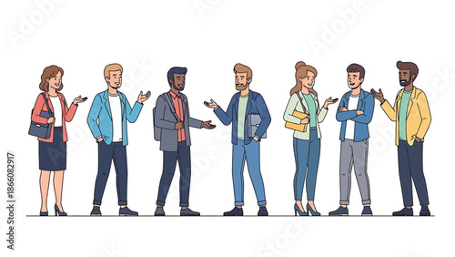 Diverse group of business professionals engaging in conversation and collaboration, fostering teamwork and idea exchange