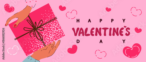 Valentine's Day background. Hands holding a gift. Happy Valentine's Day! Vector illustration.