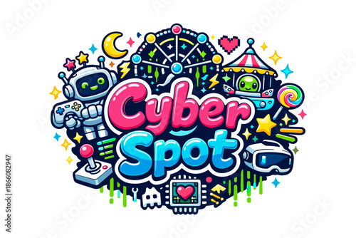 Colorful retro gaming and technology theme with robots and virtual reality elements