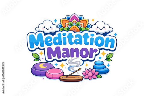 Colorful meditation scene with cushions, incense, and lotus in cartoon style