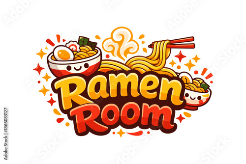 Colorful cartoon ramen logo design with noodles and cute bowls