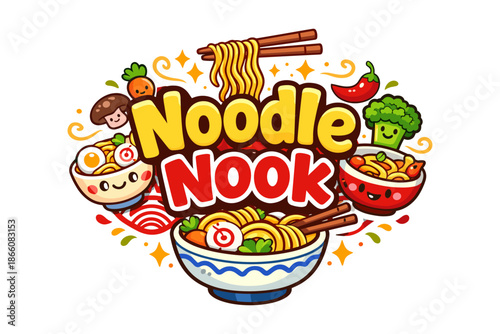 Cute cartoon noodle characters and bowls with playful food doodles