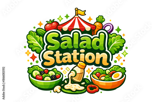 Colorful cartoon salad station with fresh vegetables and dressing