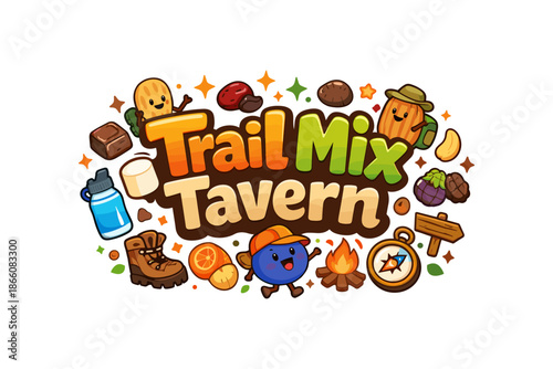 Trail mix tavern: whimsical cartoon forest adventure with delicious hiking elements
