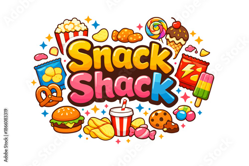 Vibrant snack shack design with colorful junk food icons in cartoon style