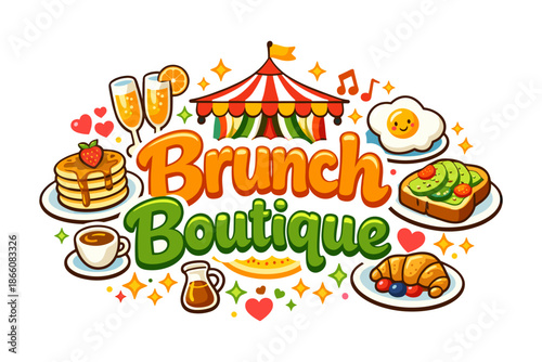 Colorful brunch boutique design featuring pancakes, avocado toast, and festive elements