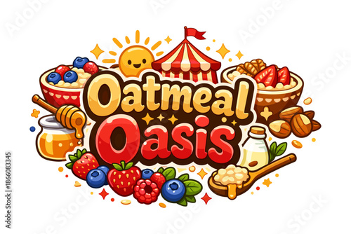 Colorful oatmeal oasis with berries, honey, and nuts in cartoon style