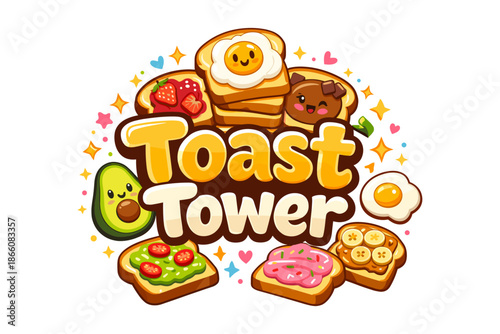 Whimsical toast tower: cute and colorful breakfast delight with happy characters