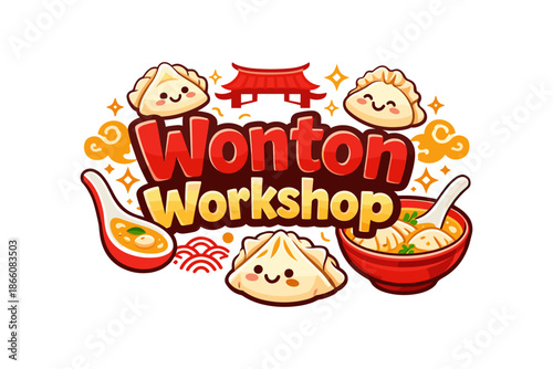 Cute cartoon wonton characters logo design with asian elements