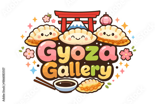 Cute kawaii gyoza characters with japanese elements and typography