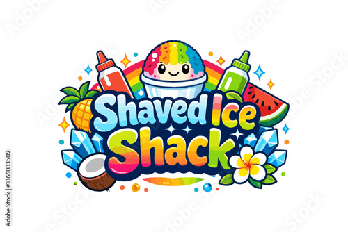 Colorful cartoon shaved ice logo with tropical fruits and smiling face
