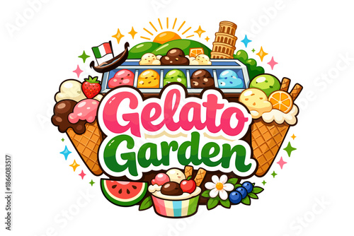 Colorful gelato garden logo with italian elements and ice cream cones