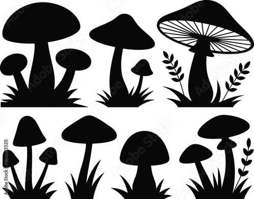 Black and white mushroom silhouette illustration vector set white background