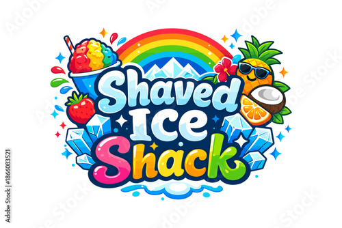 Colorful shaved ice shack logo with tropical fruits and rainbow design