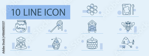Honey set icon. Line icons showing honey jar, dipper, bee, hive, honeycomb, beekeeper, toast, wax container, mountain hives, organic harvest, hexagon pattern