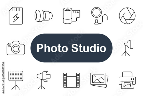 Photo Studio set icon. Camera, lens, flash, tripod, softbox, photo, lighting, printer, picture, film, spotlight, reflector, photography, production, background, shoot, image, technology, composition