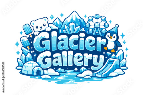 Glacier gallery theme with polar bear, penguin, igloo, and ice skates in cartoon style
