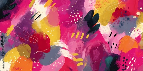 Abstract colorful brush strokes in pink purple yellow and orange tones with textured splashes and shapes