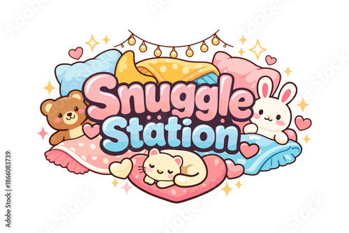 Cozy corner: cute animals in a soft pillow fort with warm colors