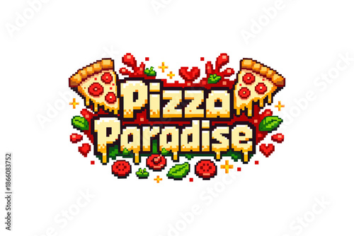 Pixel art pizza design with toppings and fun text elements
