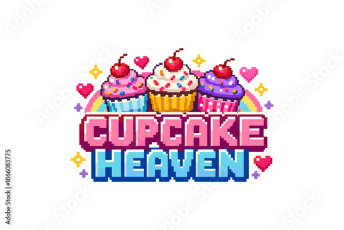 Colorful pixel art cupcake design with cherries and sprinkles