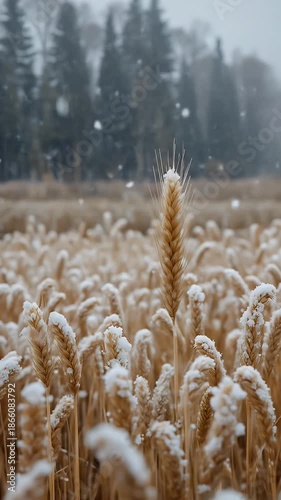 Wheat field in winter covered with snow and pine trees in the background