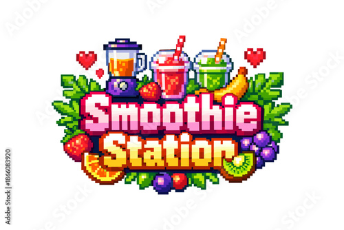 Colorful pixel art smoothie bar logo with blender and fruits