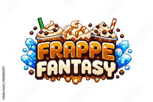Pixel art frappe beverages with whipped cream and chocolate in retro design