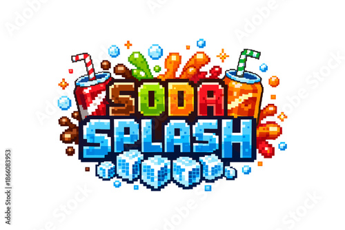 Retro pixel art soda splash logo with colorful bubble splash and ice cubes