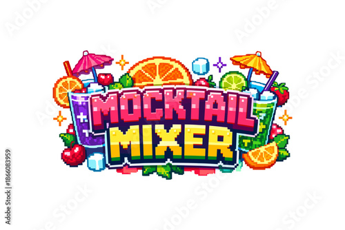 Vibrant pixel art mocktail mixer with fruits and umbrellas