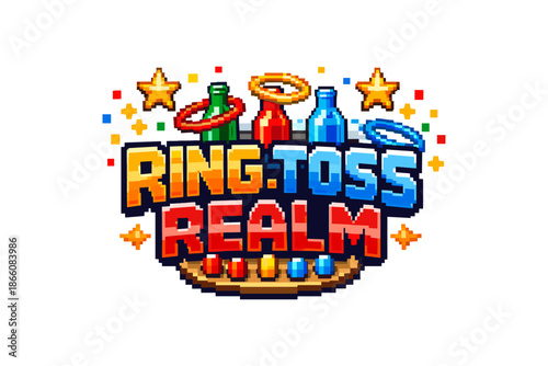 Pixel art ring toss game logo with colorful bottles and stars
