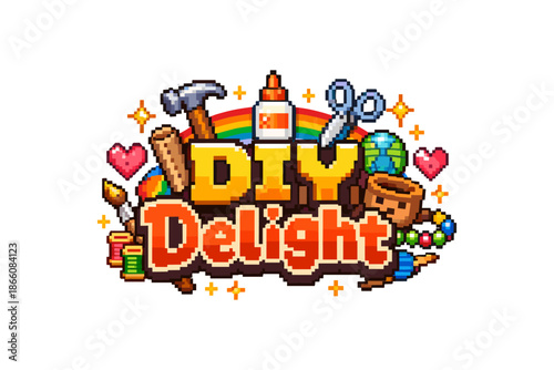 Pixel art diy crafts design with rainbow and craft tools