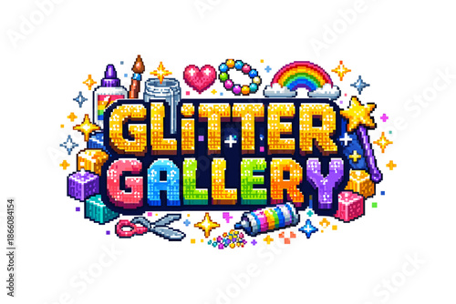 Colorful pixel art glitter gallery with craft supplies and sparkles