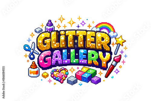 Bright and colorful pixel art craft supplies with glitter accents