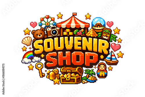 Colorful pixel art souvenir shop with toys and icons