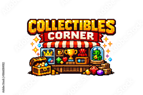 Retro game collectibles shop with treasures, crowns, and gems in pixel art style