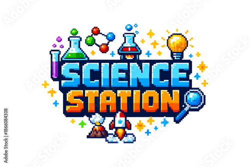 Pixel art science station: retro style with lab symbols, rocket, and lightbulb