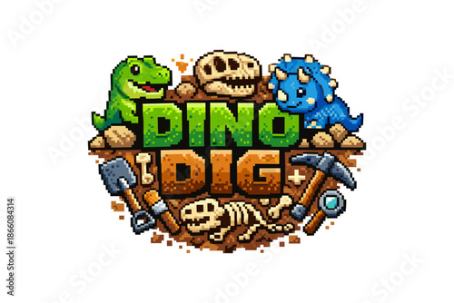 Pixel art dinosaur fossil dig adventure with tools and bones