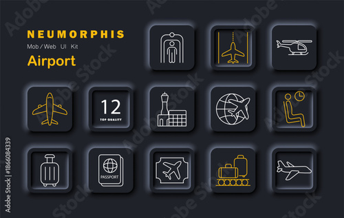 Airport set icon. Displays airplane, passport, ticket, luggage, metal detector, tower, globe route, helicopter, waiting seat, boarding gate, baggage conveyor