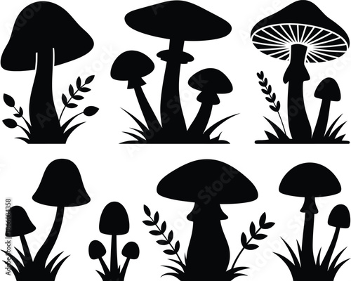 Black and white mushroom silhouette illustration vector set white background