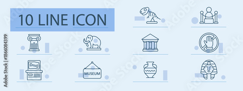 Museum set icon. Column, mammoth, dinosaur, building, pottery, sarcophagus, fossil, exhibit, ticket, statue, history, culture, sculpture, artifact, relic, tour, archaeology, heritage